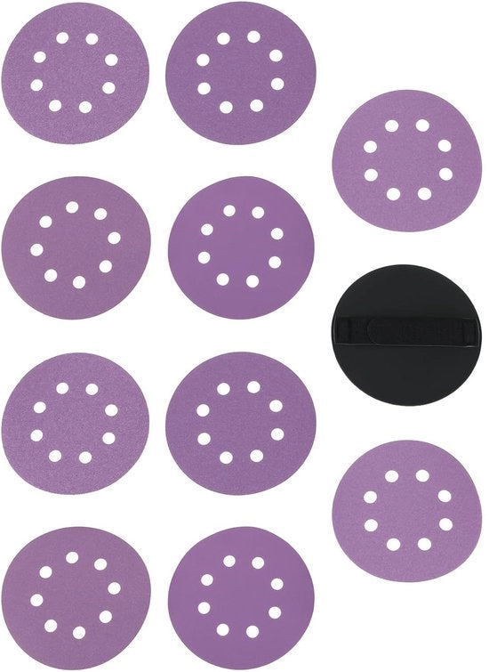 Dischi abrasivi a nastro 125 mm - 10 pezzi - 8 fori - supporto imbottito portatile - grana 60/80/120/240/320 - progetto flessibile - dischi abrasivi a nastro