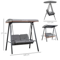 Dondolo 2 Posti con Tettuccio Regolabile e Cuscini, in Acciaio e Poliestere, 144x117x173 cm, Grigio
