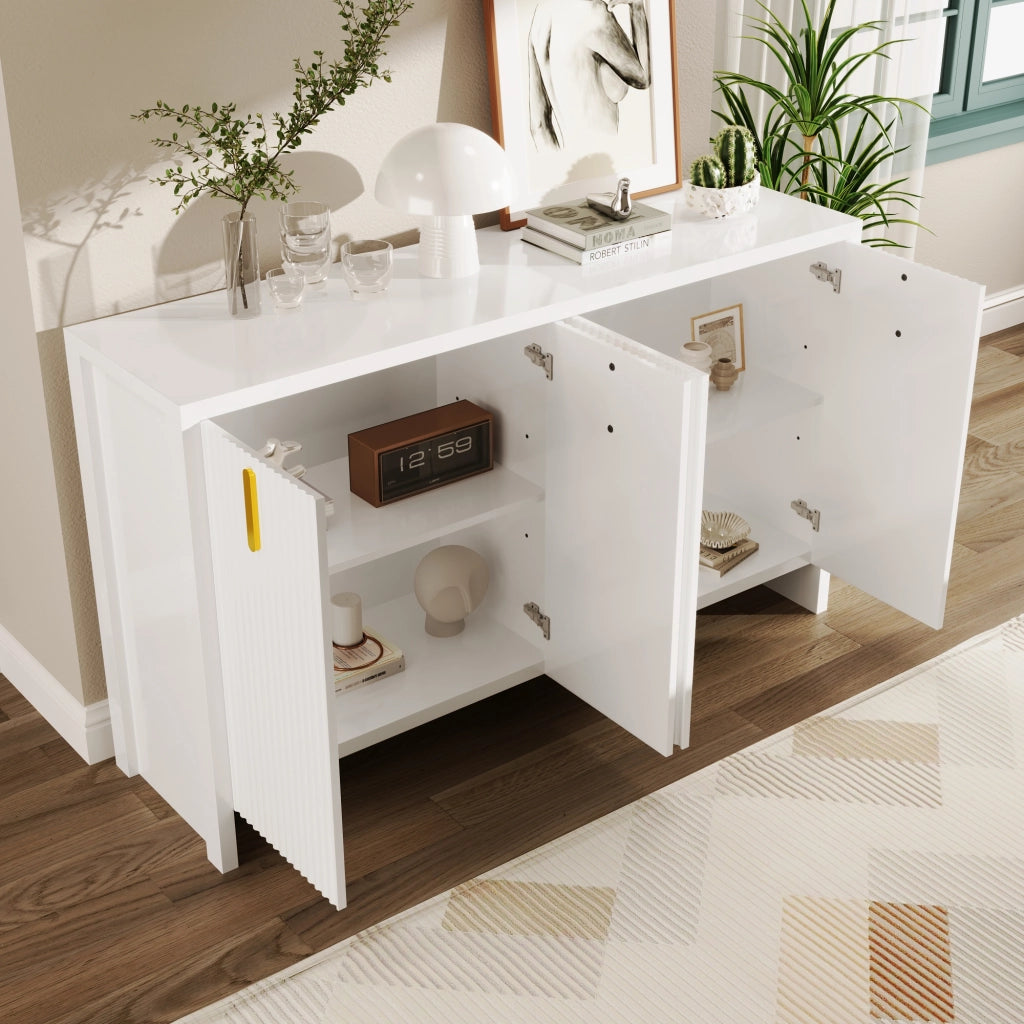 Madia con 4 Ante e Ripiani Regolabili; Maniglie Dorate; Stile Moderno; in Pannelli Truciolari; 140??38??80 cm; Bianco