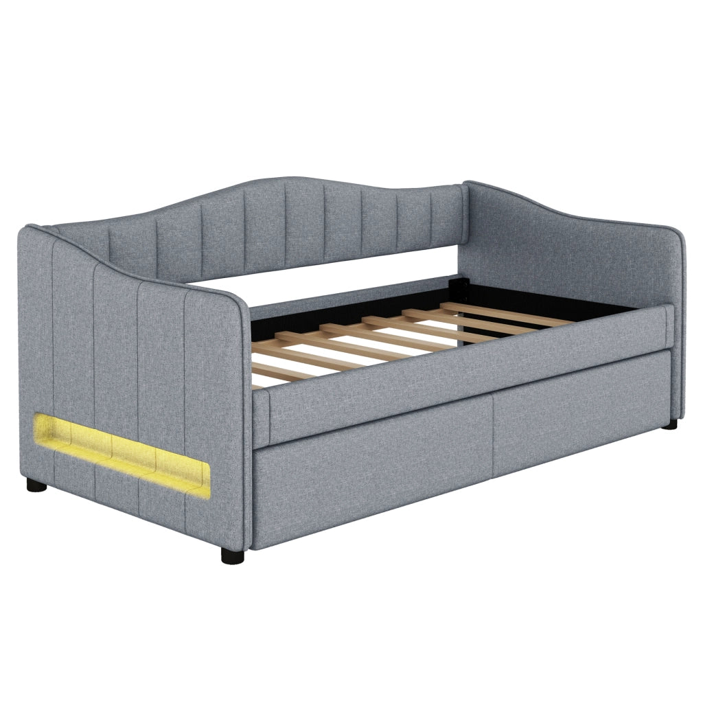 OKWISH Letto a Divano 90×200 cm, Letto Singolo con Letto Estraibile, LED Regolabile, senza Materasso, in Lino e MDF, Grigio
