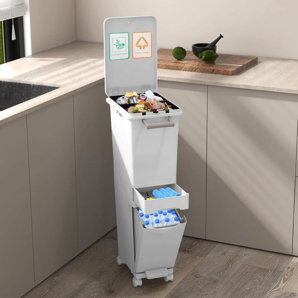 Pattumiera Tri Selectif da 32L per Cucina, 3-in-1 con 2 Contenitori Estraibili, Cassetti, Pedale e Ruote, Include Adesivi per Raccolta Rifiuti (Bianco)