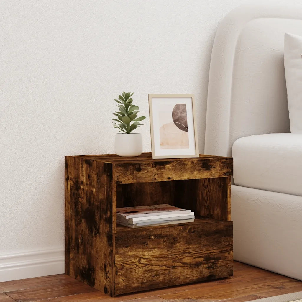 Comodino con Luci LED-Tavolino da notte Rovere Fumo 50x40x45 cm
