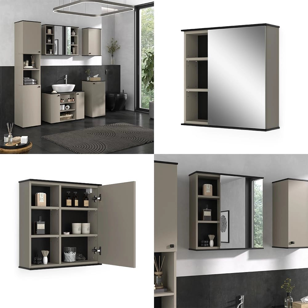 Mobile a specchio per il bagno Joli, Grigio, 60 x 60 cm con specchio, adatto al montaggio a parete per riporre accessori da bagno