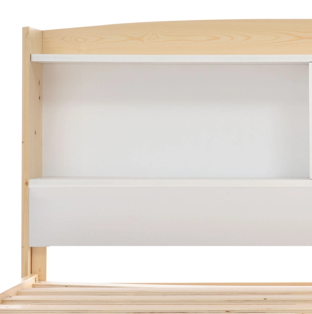 Letto singolo 90x200 cm in legno massiccio bianco con testiera contenitore e rete a doghe