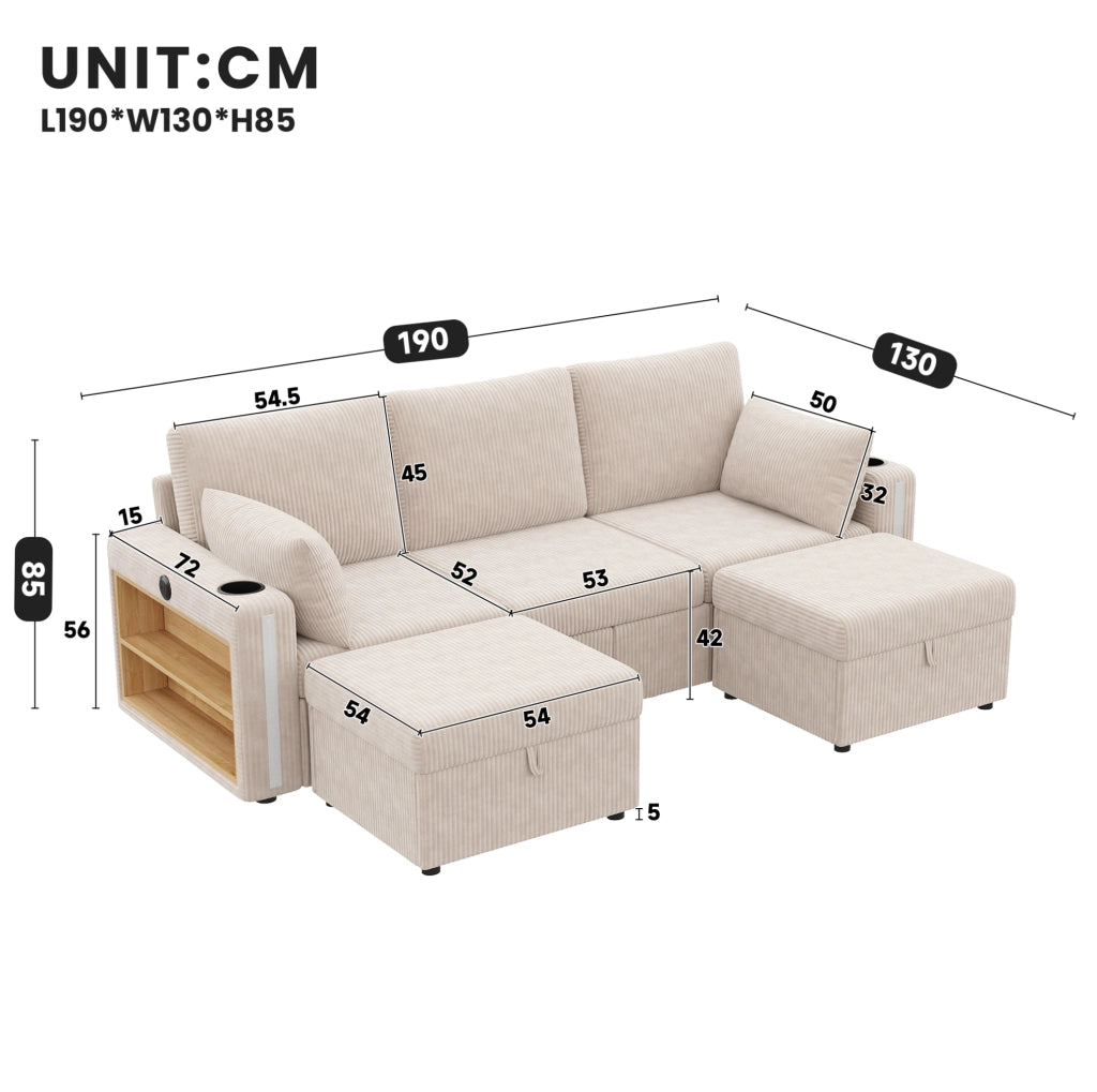 Divano modulare 5-6 posti con LED, USB-C e contenitore beige