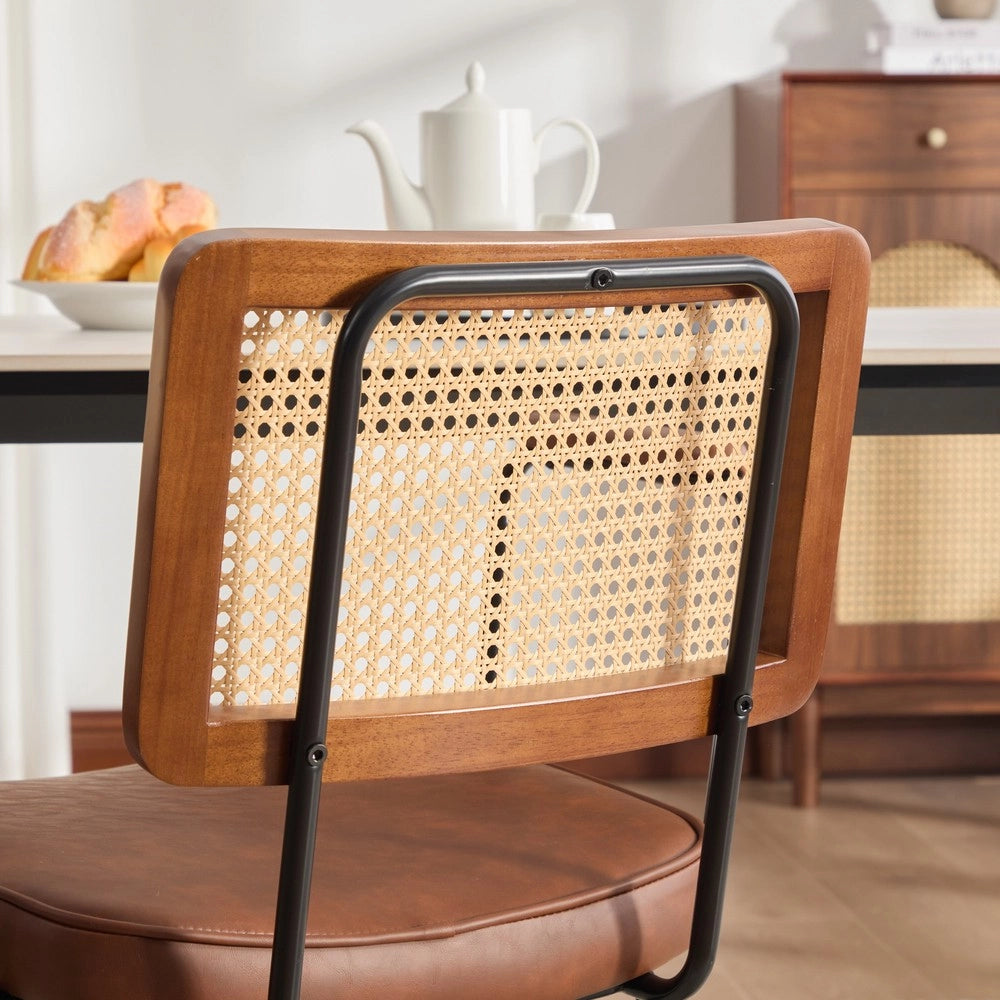 Sedie da Pranzo con Braccioli ¨C MINIMAL ¨C Set 2, Similpelle Vintage, Schienale in Legno Massello e Rattan, Gambe in Metallo, Marrone