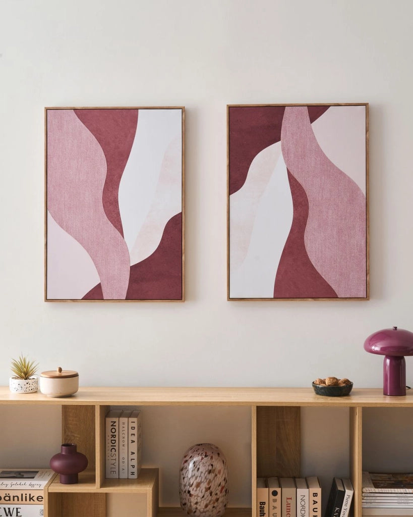 Set di 2 stampe su tela rosa da parete decorazione artigianale con forme astratte materiali sintetici cornice in legno di pino per il soggiorno