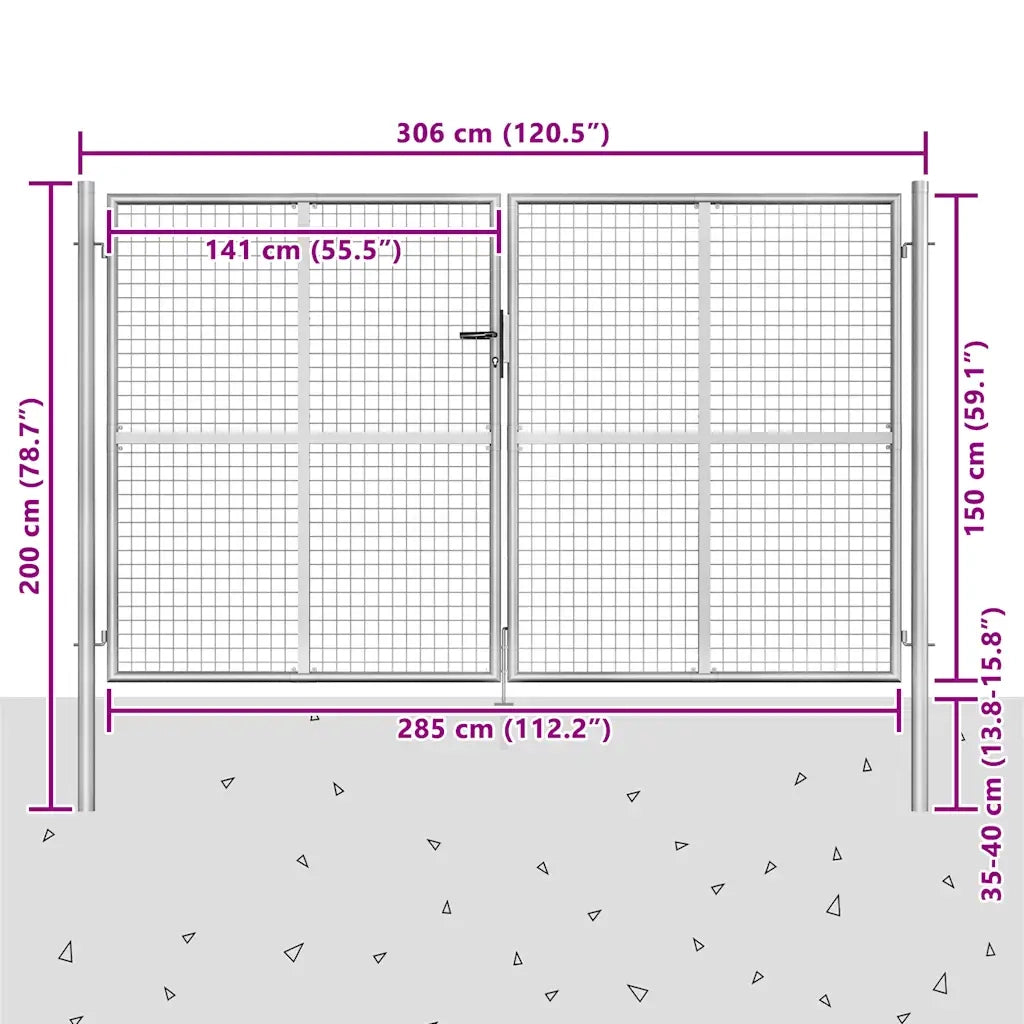 Cancello per Giardino in Acciaio Zincato 306x200 cm Argento 144764