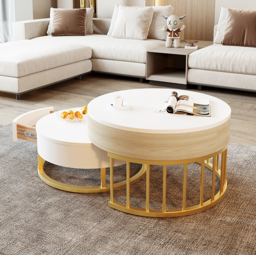 Set di tavolini rotondi 70x56 cm e 60x27 cm bianco MDF, piano sollevabile e cassetto