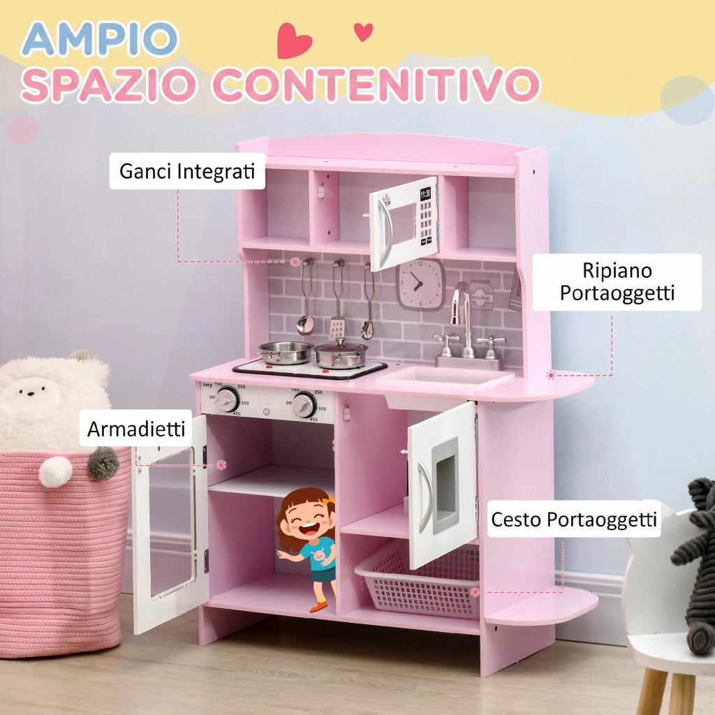 Cucina Giocattolo per Bambini con Fornelli Luci e Suoni Microonde Distributore d'Acqua in MDF e PP Rosa
