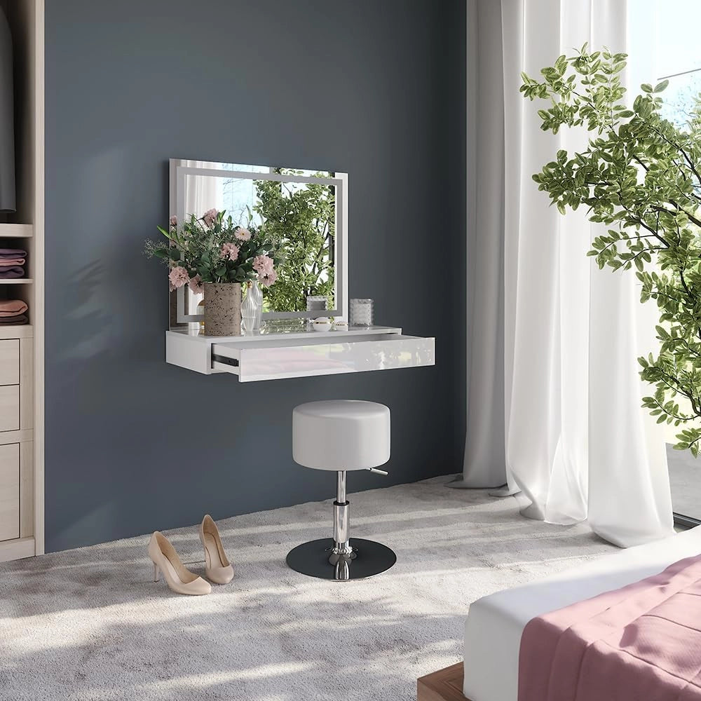 Tavolo da toeletta Sherry, Bianco/bianco lucido, 120 cm 3 parti, con illuminazione LED e specchio integrato