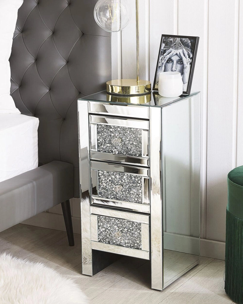 Comodino argento specchiato 3 cassetti cassettiera 60 x 30 x 30 cm moderno glam soggiorno camera da letto
