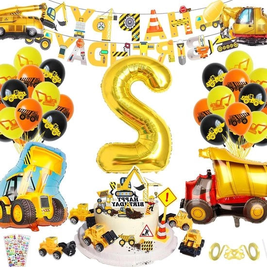 Decorazione di Compleanno per Festa Tematica per Ragazzi - Set XXL per 2 Anni - Decorazione di Costruzione per Festa - Bandiera di Compleanno - Palloncino con Scritta 2 Anni - Decorazione di Torta con Graffiatrice