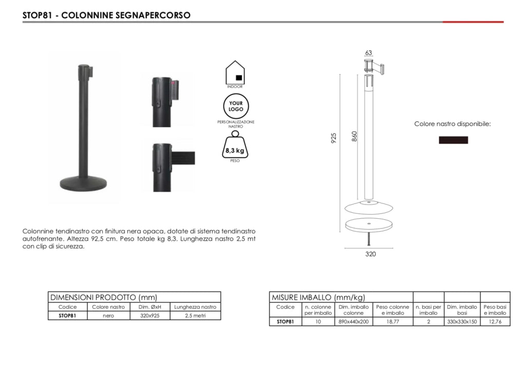 Colonnina Segnapercorso nera nastro nero easytop