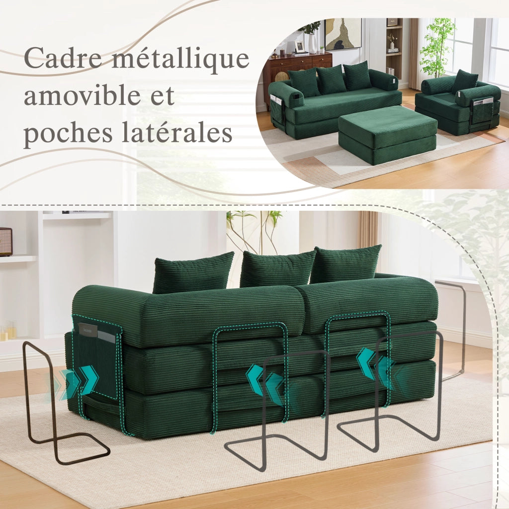 Divano modulare 4 posti con pouf e tasca laterale in velluto a coste verde smeraldo