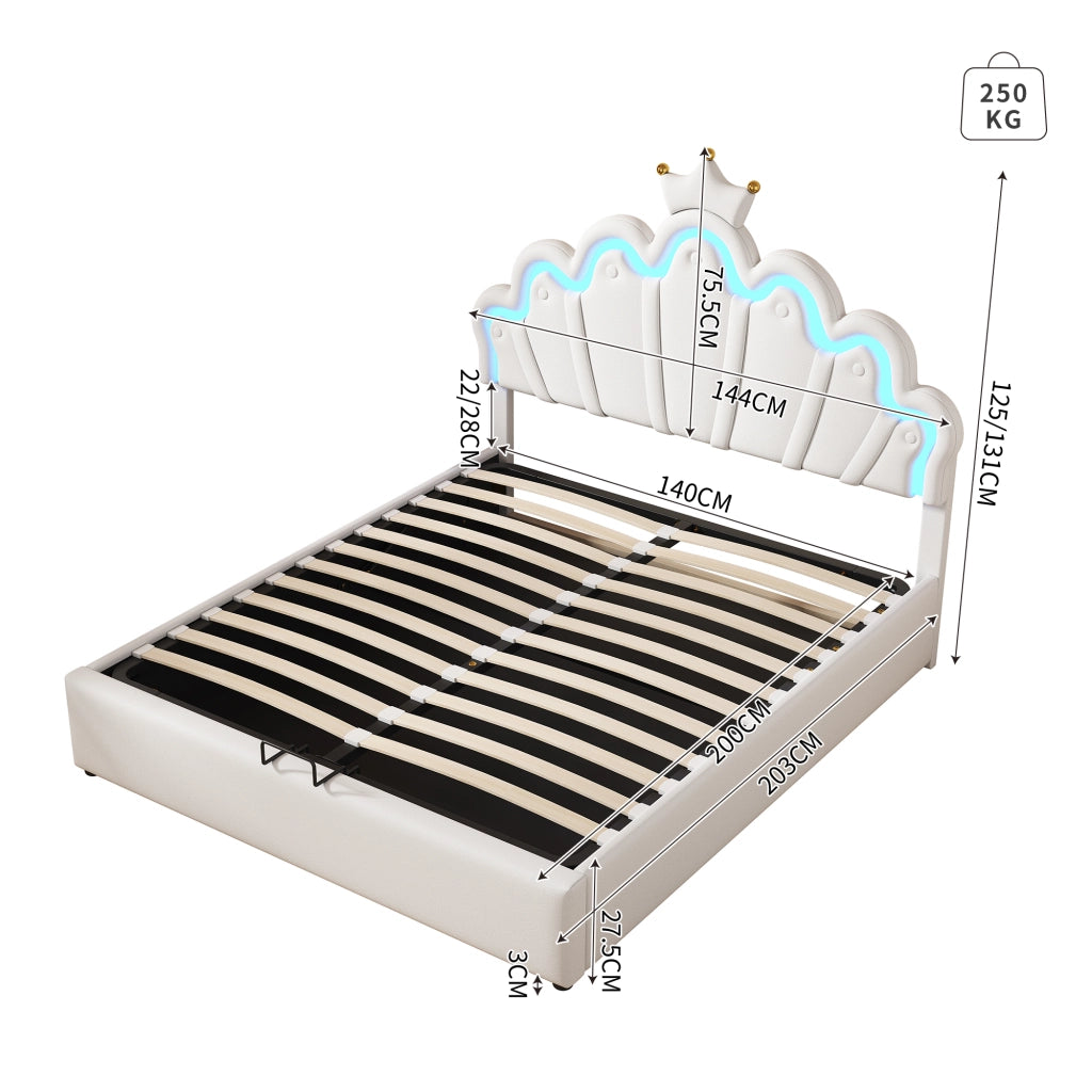 LETTO Contenitore 140x200 cm Bianco in PU con luci LED