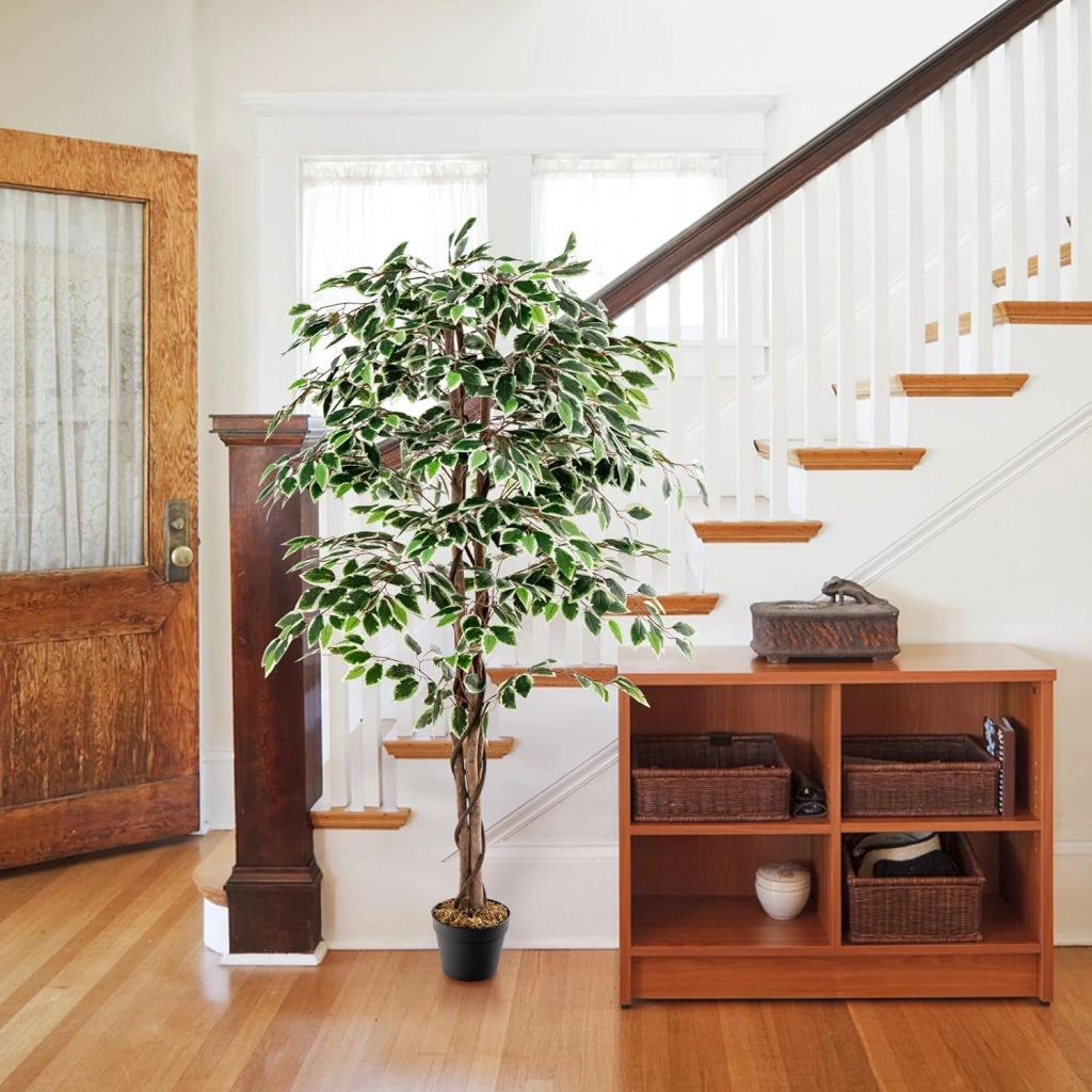 Pianta artificiale 160 cm, pianta artificiale di alta gamma, pianta da appartamento con foglie verdi, vaso riempito di cemento, ficus artificiale con schiuma secca per ufficio, soggiorno
