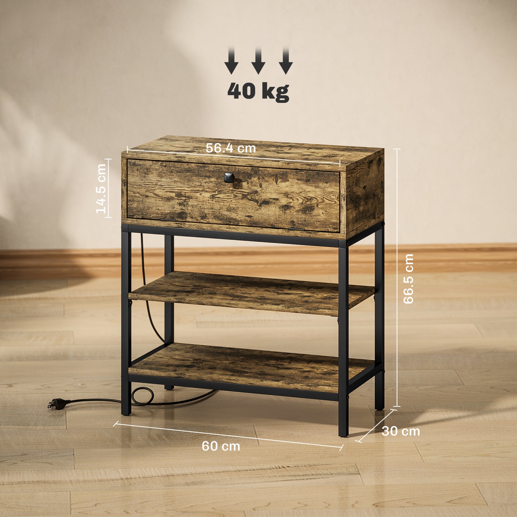 Tavolino da Soggiorno Stile Industriale 60x30x665 cm con Cassetto e Ripiani in Legno e Metallo Nero
