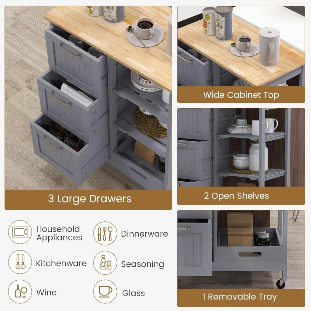 Carrello da cucina su ruote, armadio da cucina con piano di lavoro, isola mobile in legno, carrello da servizio, carrello da cucina con cassetto, carrello da cucina 67 x 37 x 83,5 cm (grigio)
