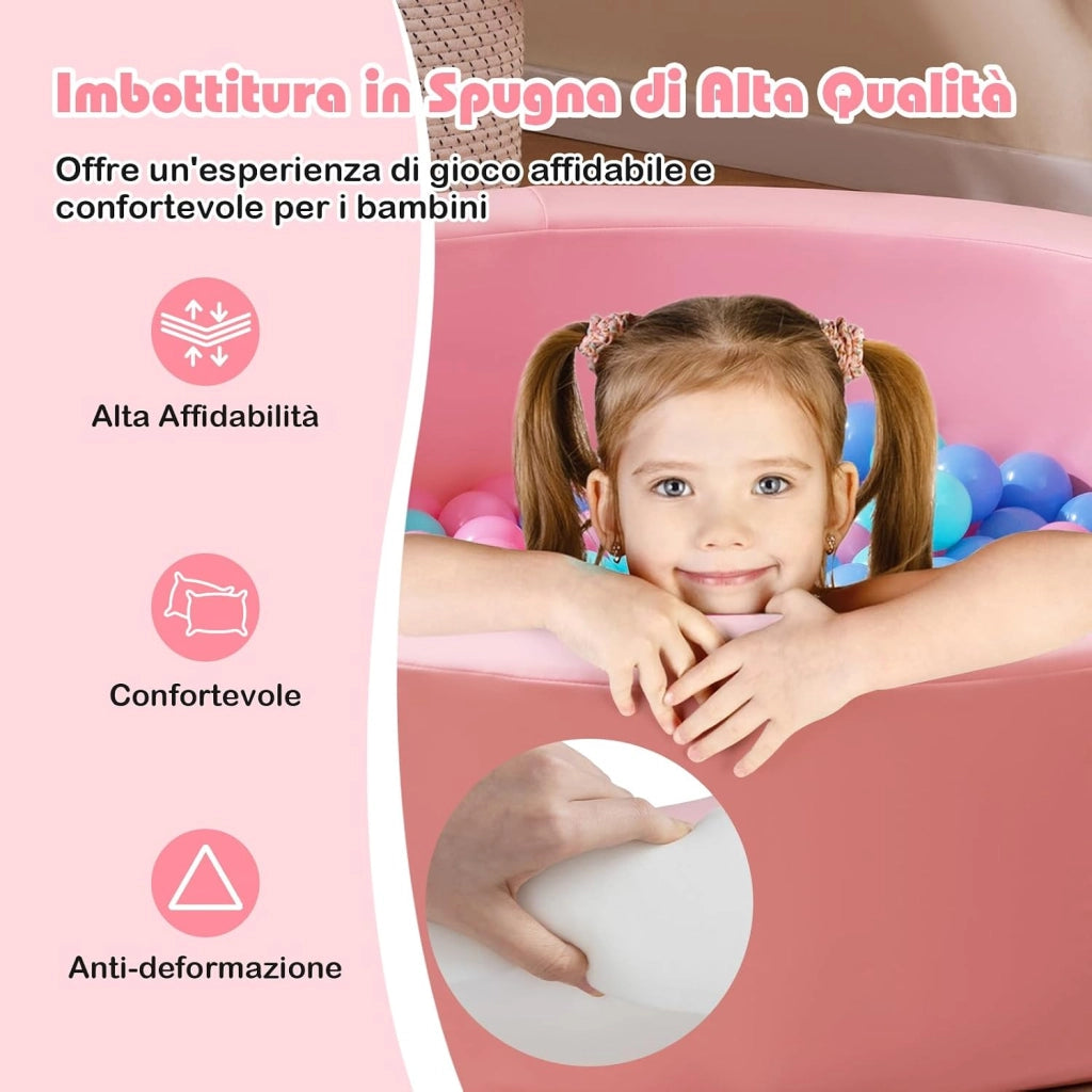 Piscina di Palline per Bambini, Vasca Rotonda con 200 Palline Colorate, Sacchetto in Rete e Copertura Rimovibile, Piscinetta in Morbida Schiuma per Soggiorno e Camera di Bambino (Rosa)