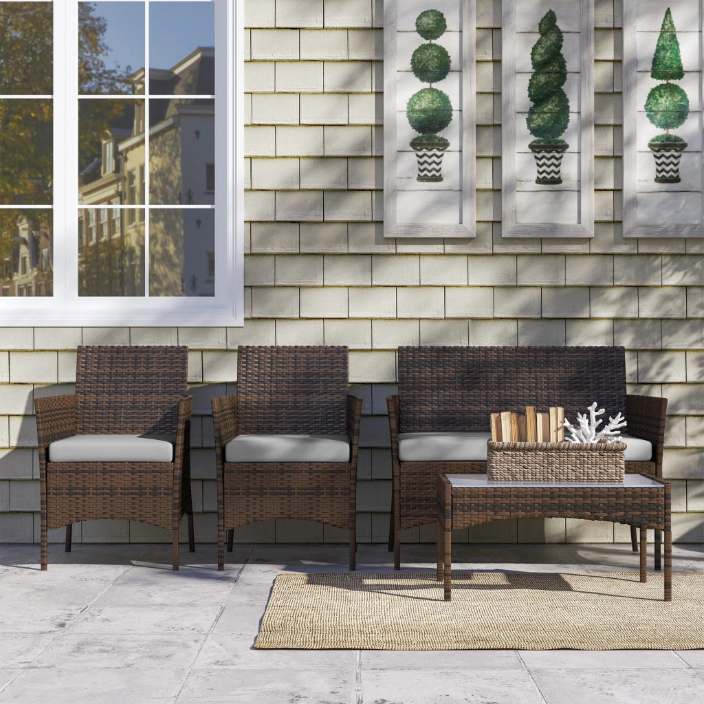 Set da Giardino con Divano 2 Posti 2 Sedie e Tavolino Basso in Rattan e Acciaio Grigio e Marrone