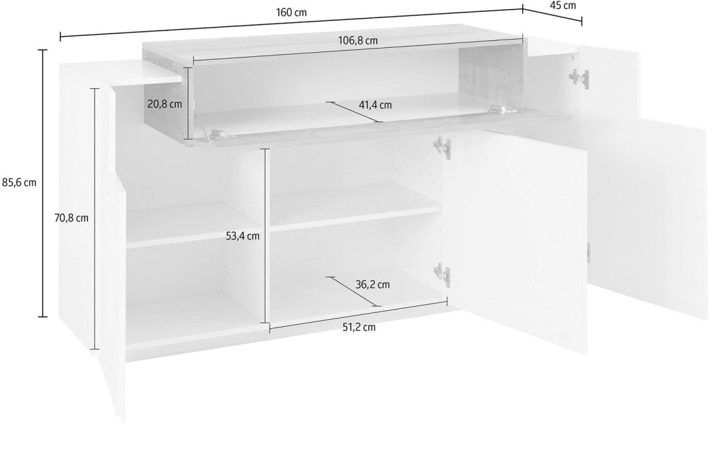 Credenza 3 Ante Battenti + 1 Anta a Ribalta 160x45x85,5 cm Coro Bianco Lucido e Acero Pereira