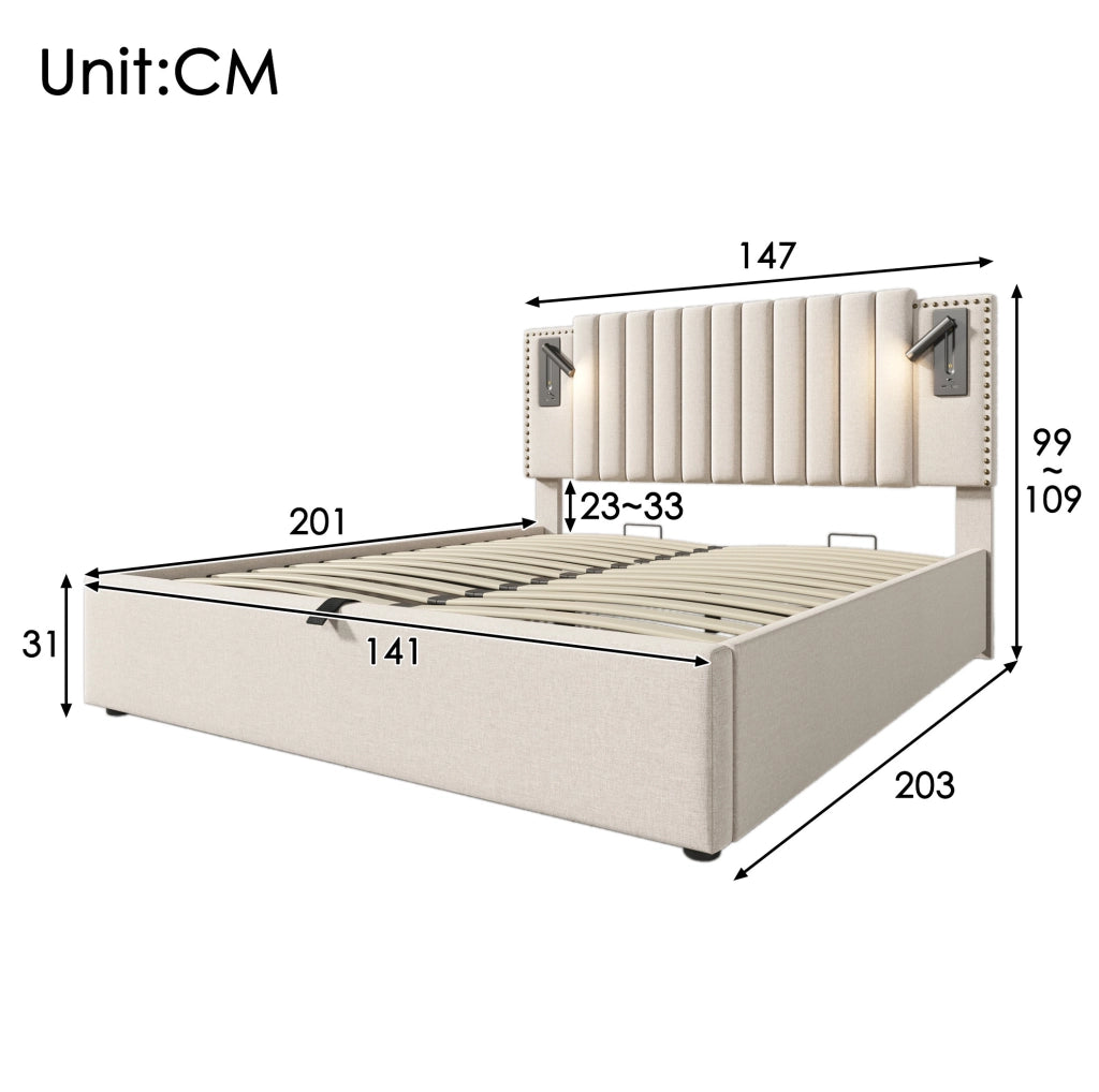 Letto matrimoniale contenitore 140x200 cm in cotone beige con testiera regolabile; luci lettura e USB