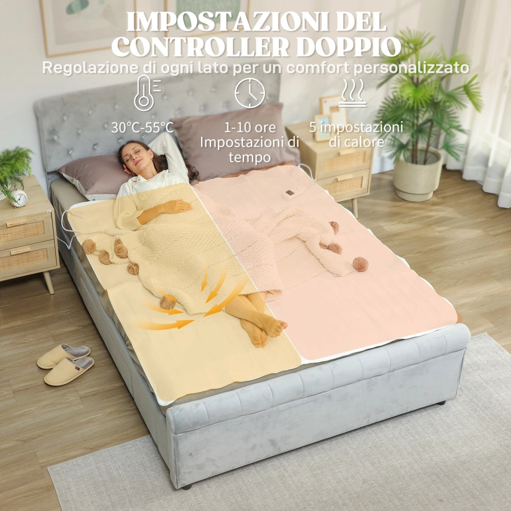 Coperta Elettrica 160x140 cm con 5 Livelli di Calore e 2 Zone di Controllo Indipendenti in Poliestere Bianco