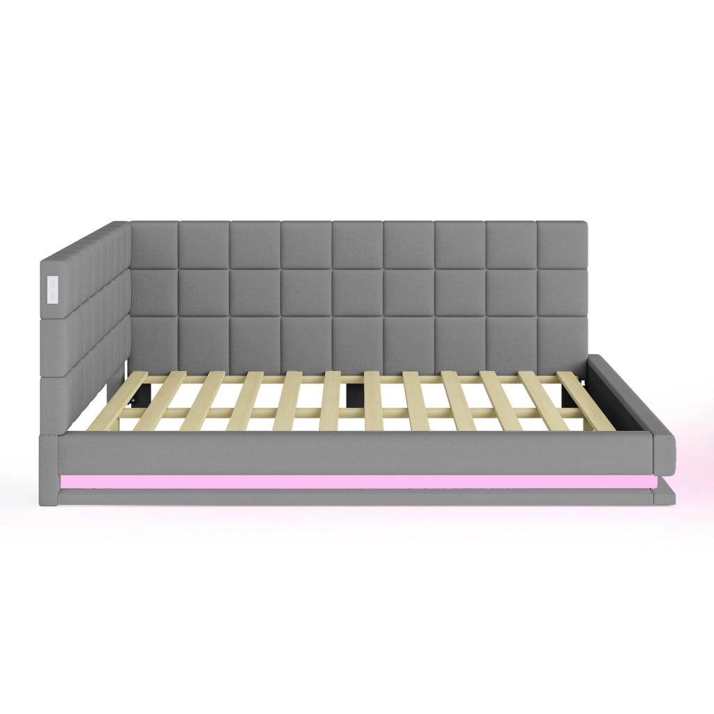 OKWISH Divano Letto 160×200 cm, Letto Matrimoniale con LED Regolabile, USB e Doghe, senza Materasso, in Lino, Grigio