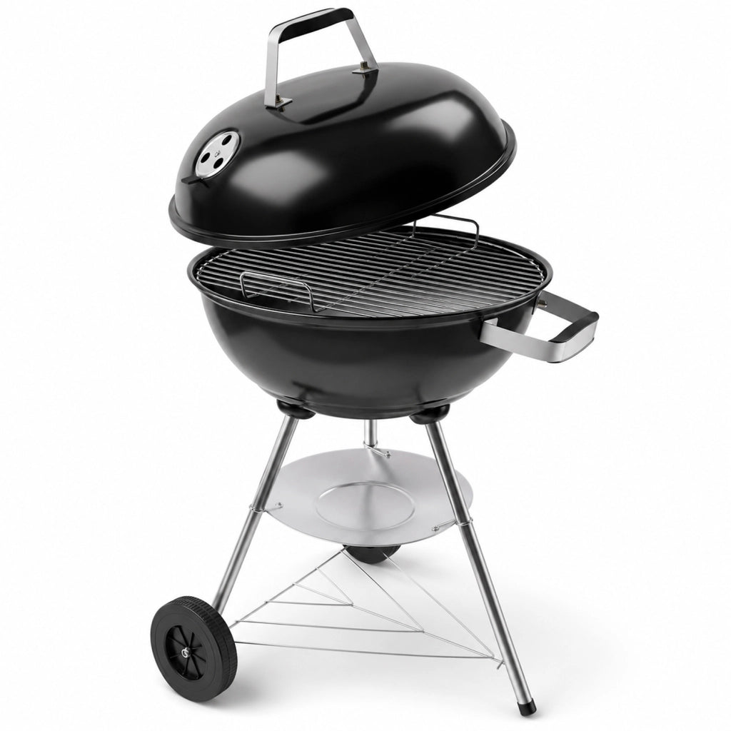 Barbecue A Carbone Con Coperchio Ventilazione Regolabile Griglia Cromata In Acciaio Ruote Trasporto Facile Montaggio Veloce Giardino Campeggio Terrazza 51 x 46.5 x 78 Cm Nero