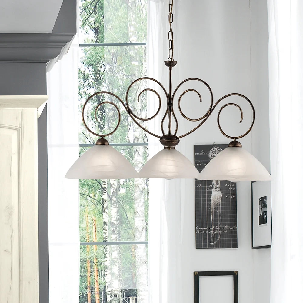 Lampadario Classico 3 Luci Ferro Battuto Marrone E Oro Vetro Bianco Serie Milly