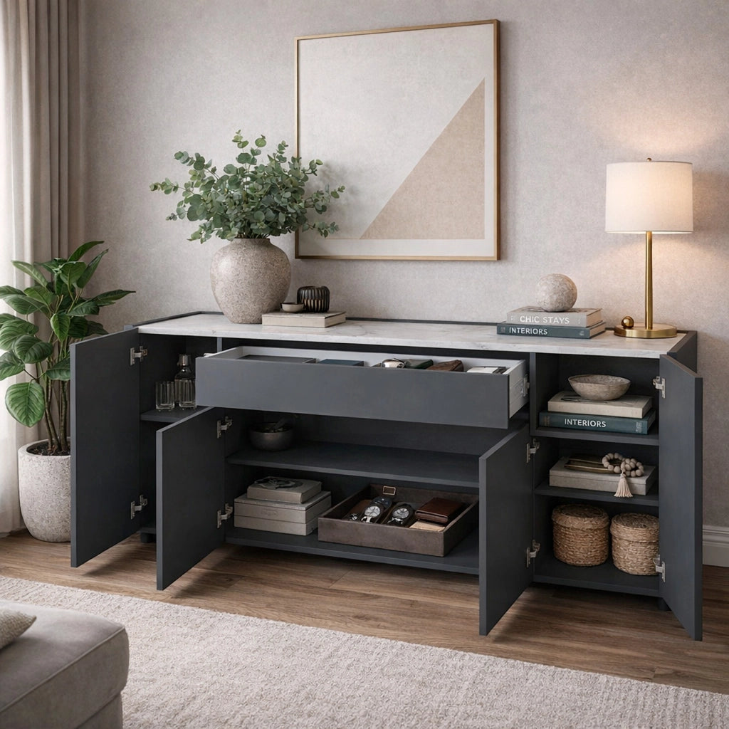 Credenza Moderna Con 4 Ante E 1 Cassetto Contenitore Senza Maniglie Per Sala Da Pranzo Zona Living E Soggiorno 170 X 85 X 40 Cm Grigio Scuro E Bianco Effetto Marmo