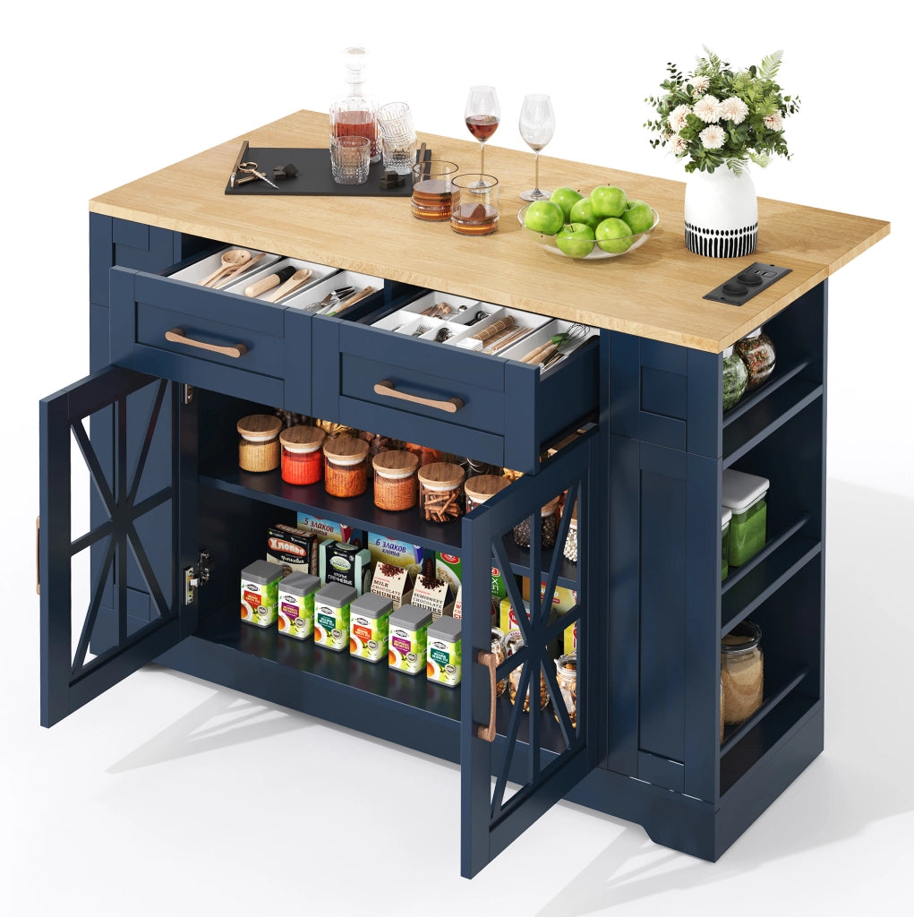 Carrello isola cucina 120x40(65)x92 cm con piano pieghevole e prese integrate in MDF blu e neutro