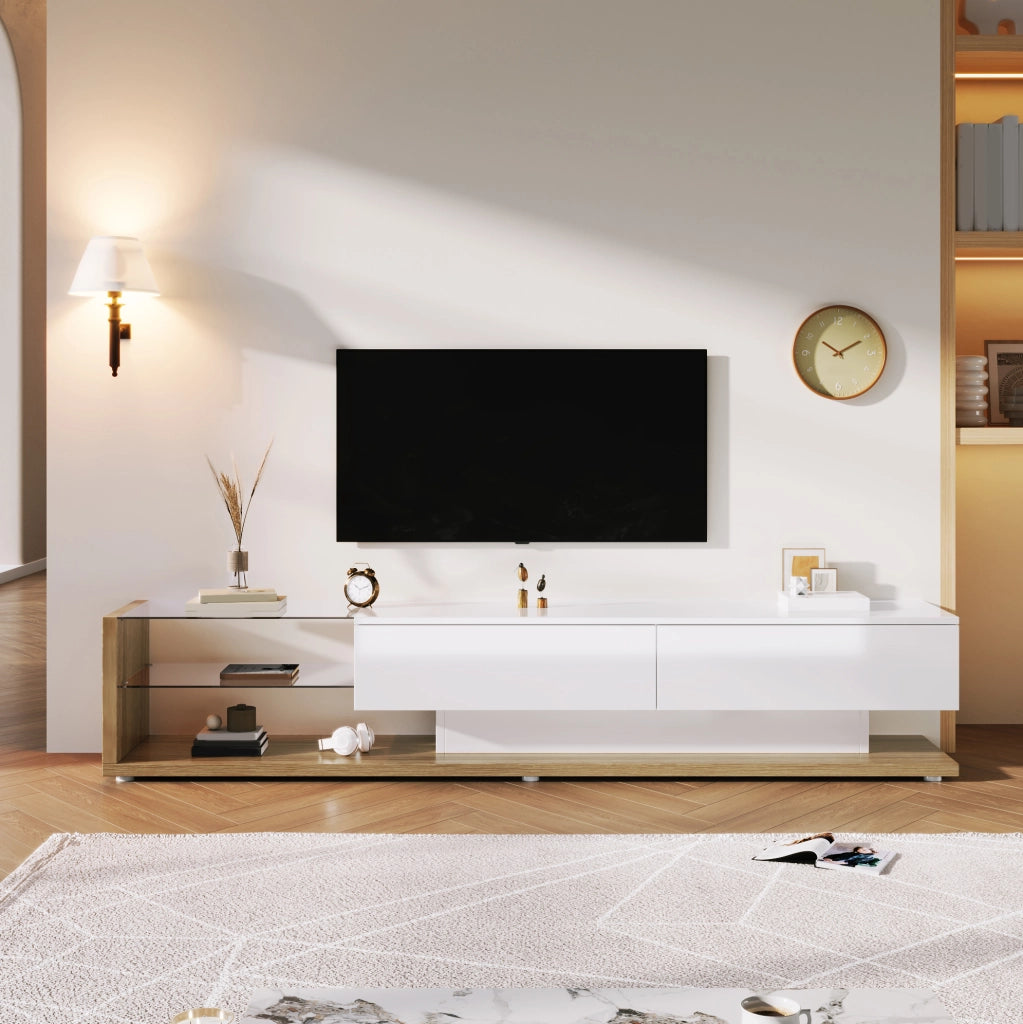 Mobile TV bianco lucido con cassetti e ripiani in vetro