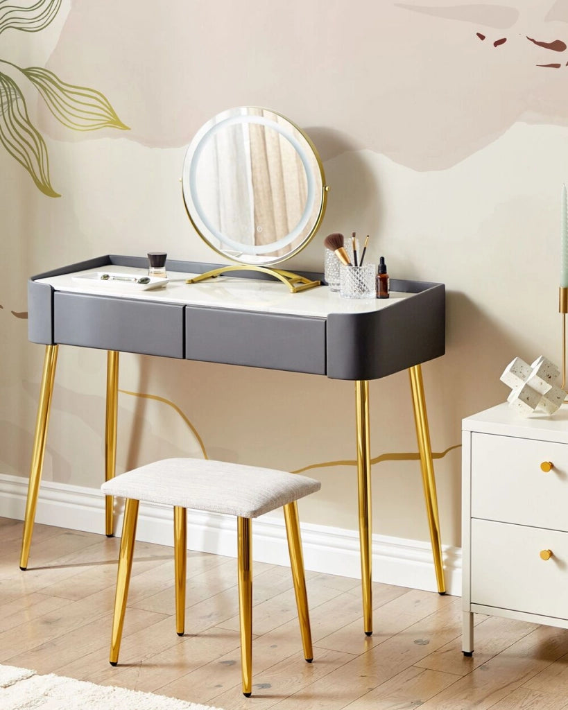 Toeletta con 2 cassetti specchio LED grigio e oro con sgabello camera da letto elegante
