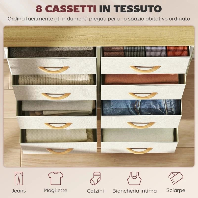 CASSETTIERA 8 CASSETTI PIEGHEVOLI CON 4 TASCHE E 2 GANCI, IN LEGNO, ACCIAIO E TESSUTO, 86X30X94.5 CM