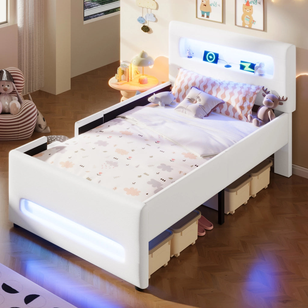 Letto imbottito 90x200 con cassetti e luci LED, struttura in ecopelle bianco, 218x97x95 cm