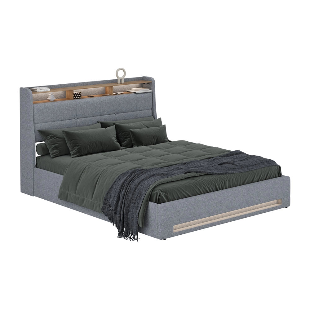 Vitalispa Letto imbottito Grigio/quercia 160x200 con LED, porta USB e materasso