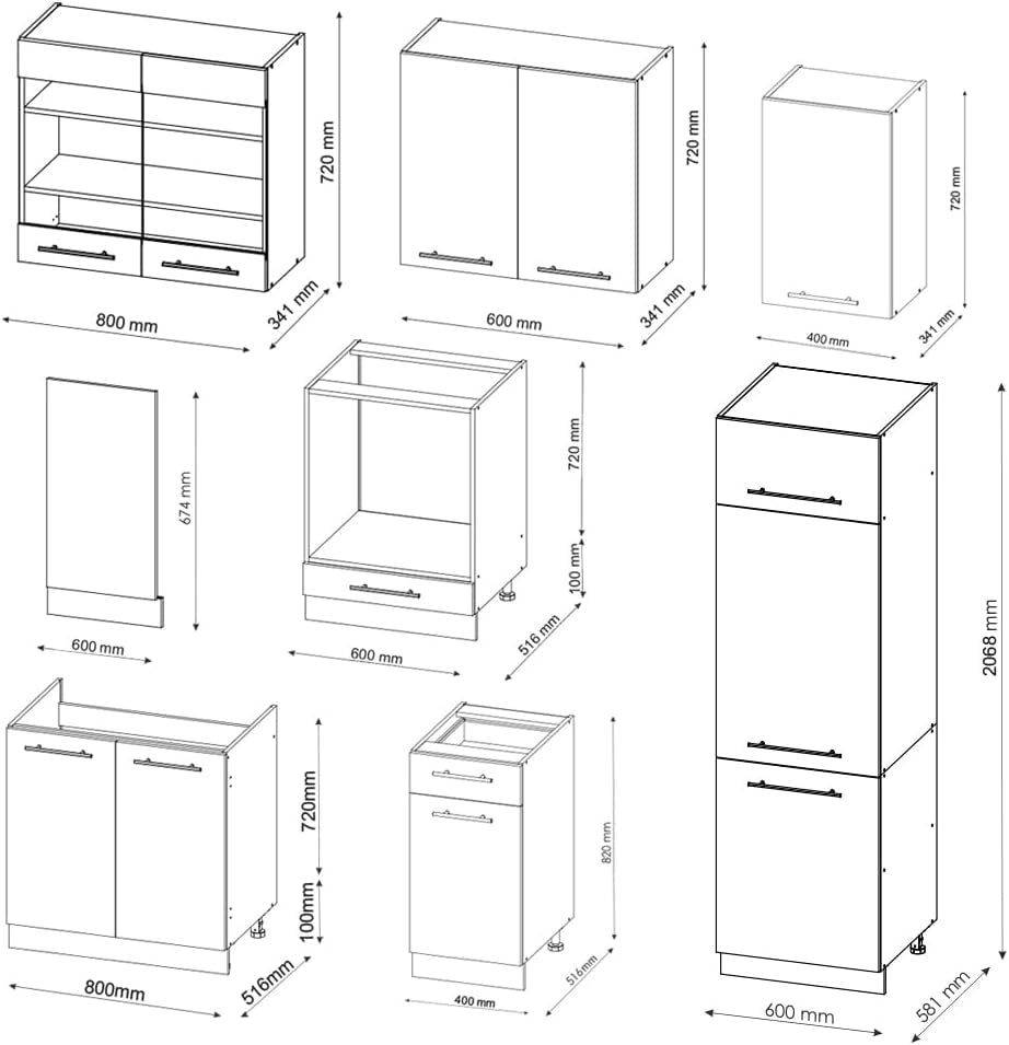 Cucina componibile Fame-Line, Antracite Country House/oro Kraft Oak, 300 cm senza piano di lavoro, adatto per l'espansione modulare individuale e la disposizione flessibile
