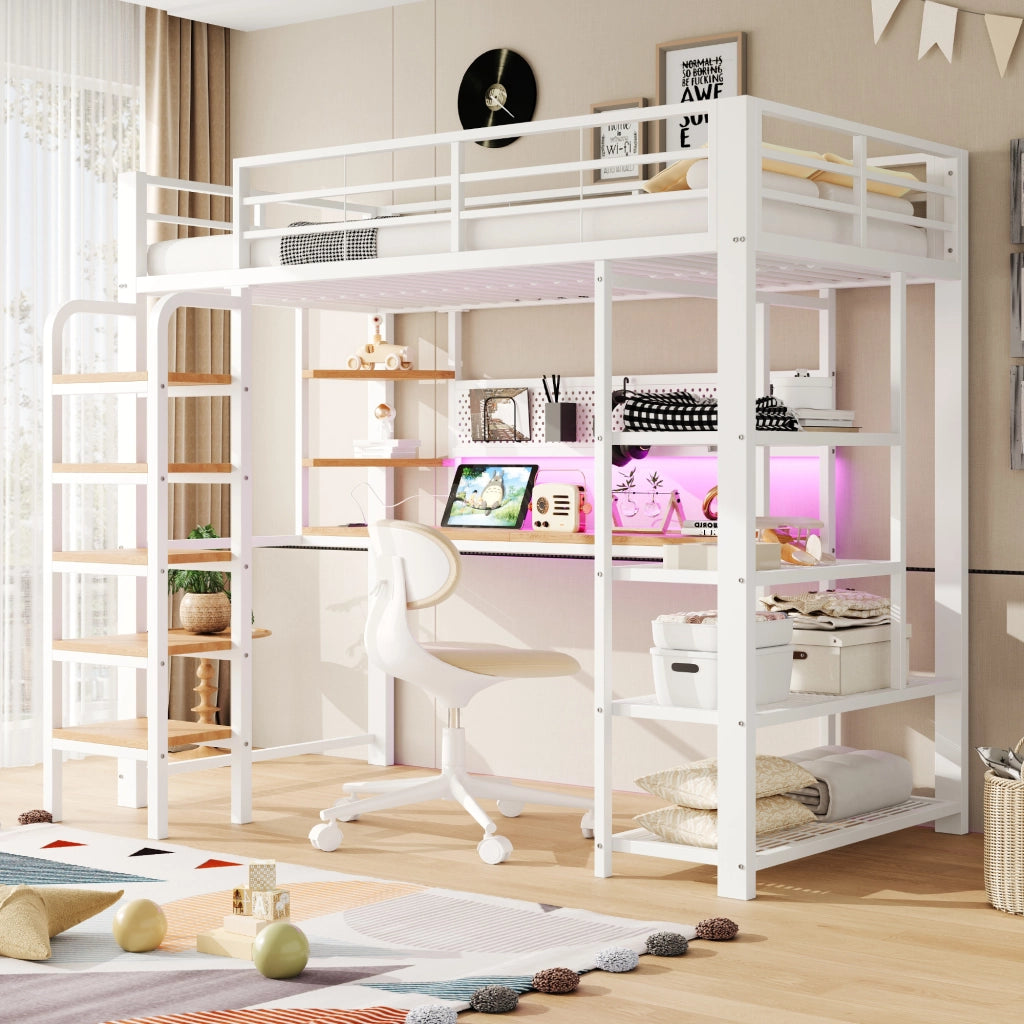 Letto a soppalco singolo 90 × 200 cm con scrivania, LED, prese, ripiani e scala, senza materasso, bianco