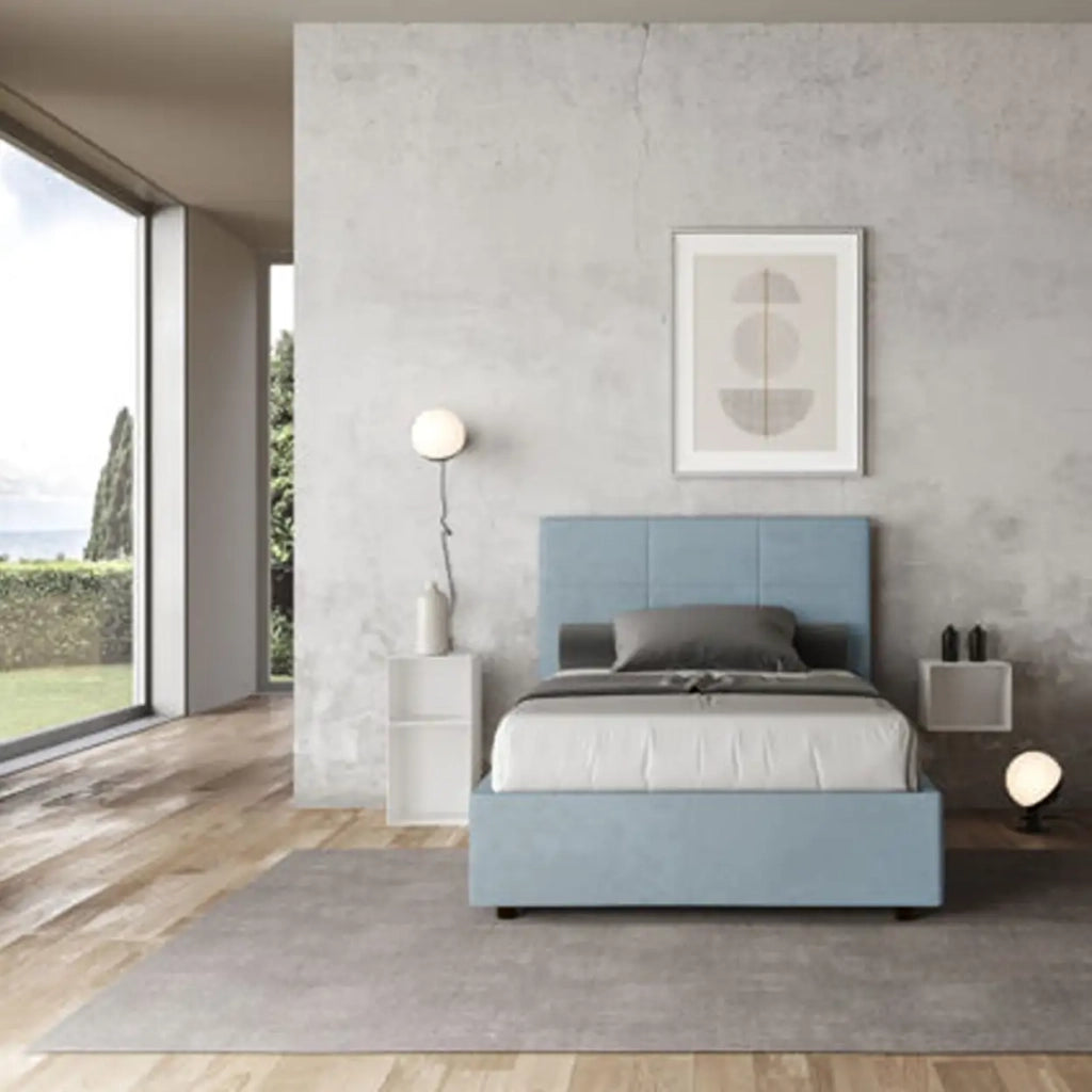 Letto una piazza e mezza contenitore imbottito 120x210 microfibra azzurro Mika