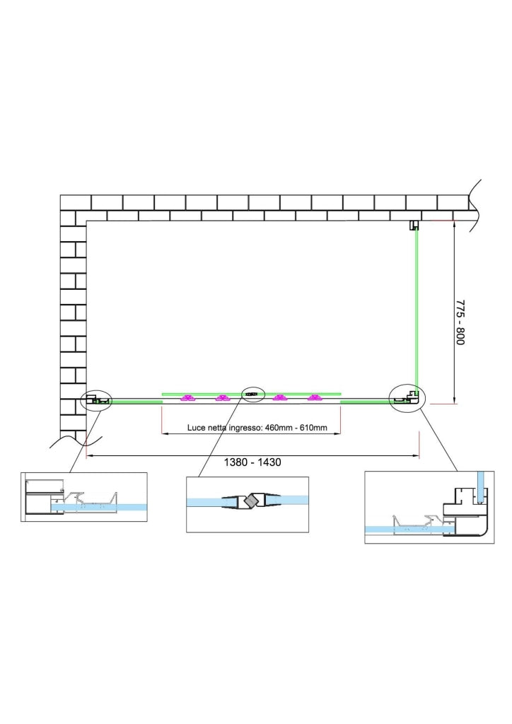 Box doccia 6 mm H 190 parete fissa e porta a 4 ante con apertura centrale MISURA 77,5-80 ANTA FISSA + PORTA 138-143