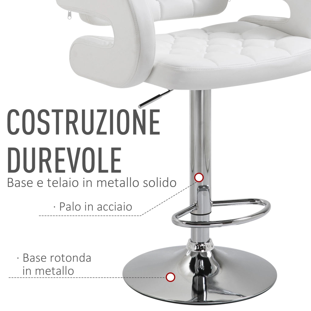 EasyComfort Sgabello Alto Moderno da Bar con Schienale e Braccioli, Regolabile e Girevole, per Cucina o Pub, 64x50x94-114cm, Bianca