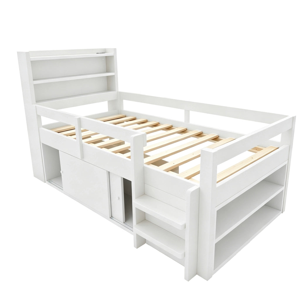 Letto a soppalco 90x200 cm con contenitore; LED e USB in legno bianco