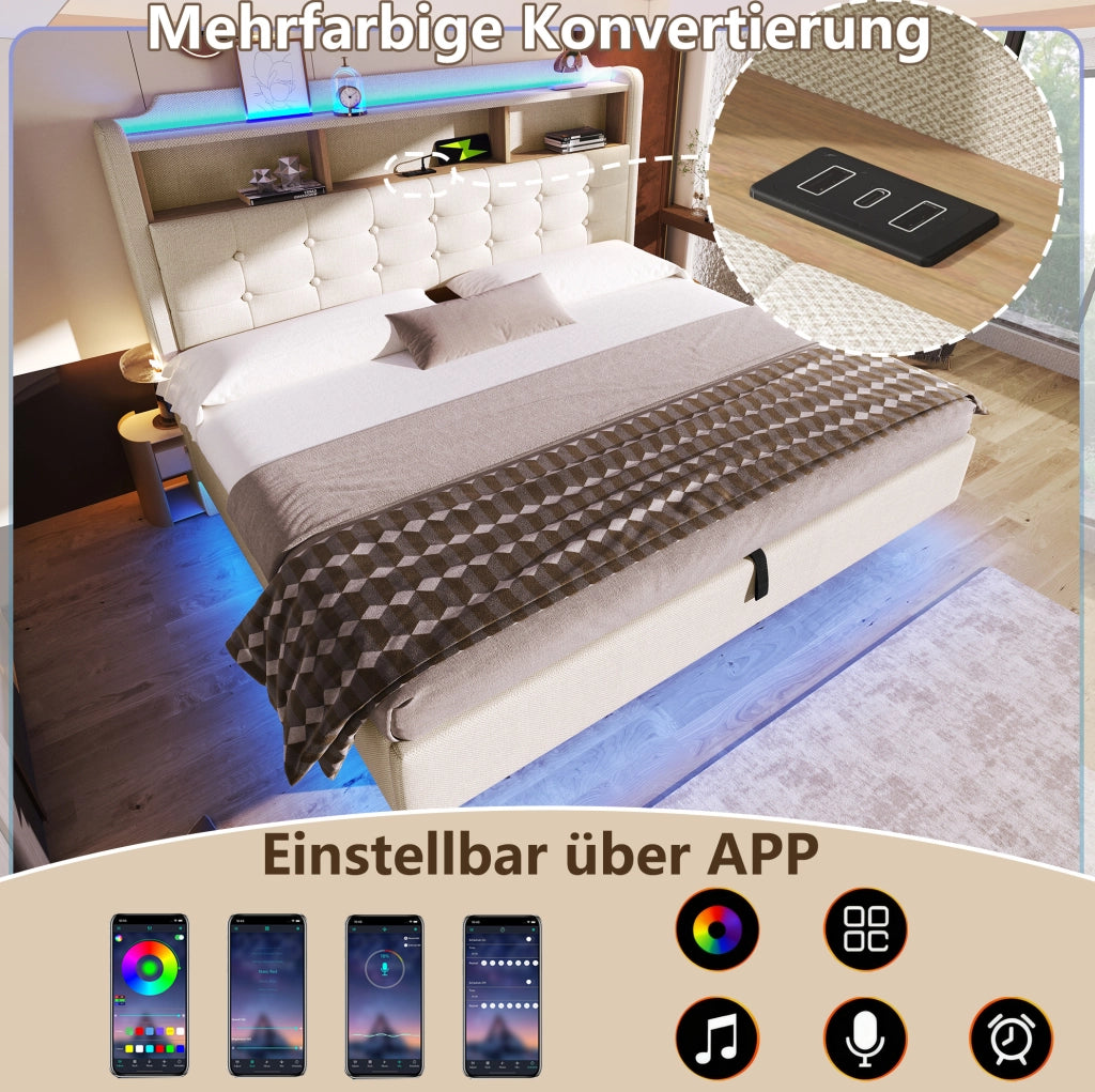 Letto imbottito 180x200 cm beige con contenitore idraulico e LED