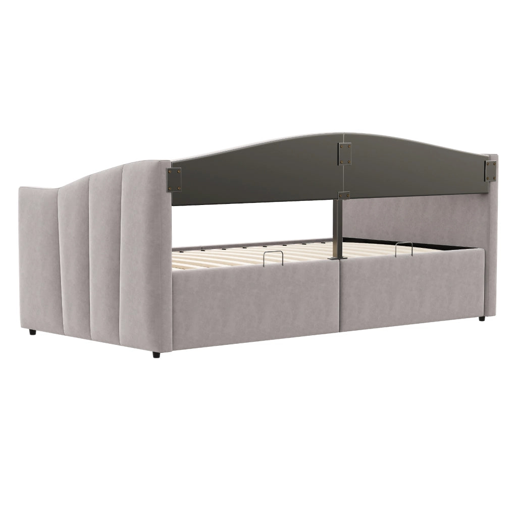 OKWISH Letto Divano 90×200 cm, Letto Singolo con Contenitore Idraulico, Schienale e Braccioli, senza Materasso, in Velluto, Grigio Chiaro