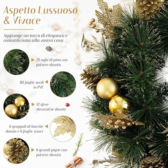 Ghirlanda Natalizia 60 CM con Luci LED Bianche Calde, Aghi di Pino, Pigne, Bacche, Ghirlanda di Natale a Batteria per Porta d'Ingresso, Finestra, Decorazione Natalizia Interna ed Esterna