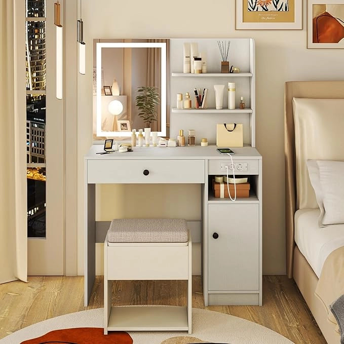Set Tavolo da Toeletta con Luci, Set Tavolo e Sgabello con Stazione di Ricarica, Ripiano Regolabile, Luci a 3 Colori, Cassetto, Consolle Toeletta con Sgabello Portaoggetti, 90 x 40 x 135,5 cm
