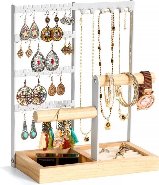 Organizzatore di orecchini - 4 livelli - Organizzatore di accessori - Bracciale con 52 aperture - Organizzatore di bracciali con cassa in legno - Dimensioni: 22,5x12x28cm