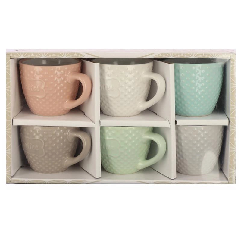 SET 6 TAZZINE CAFFÈ  SENZA PIATTINO CON SCRITTA "COFFE" A POIS IN RILIEVO  100CC
